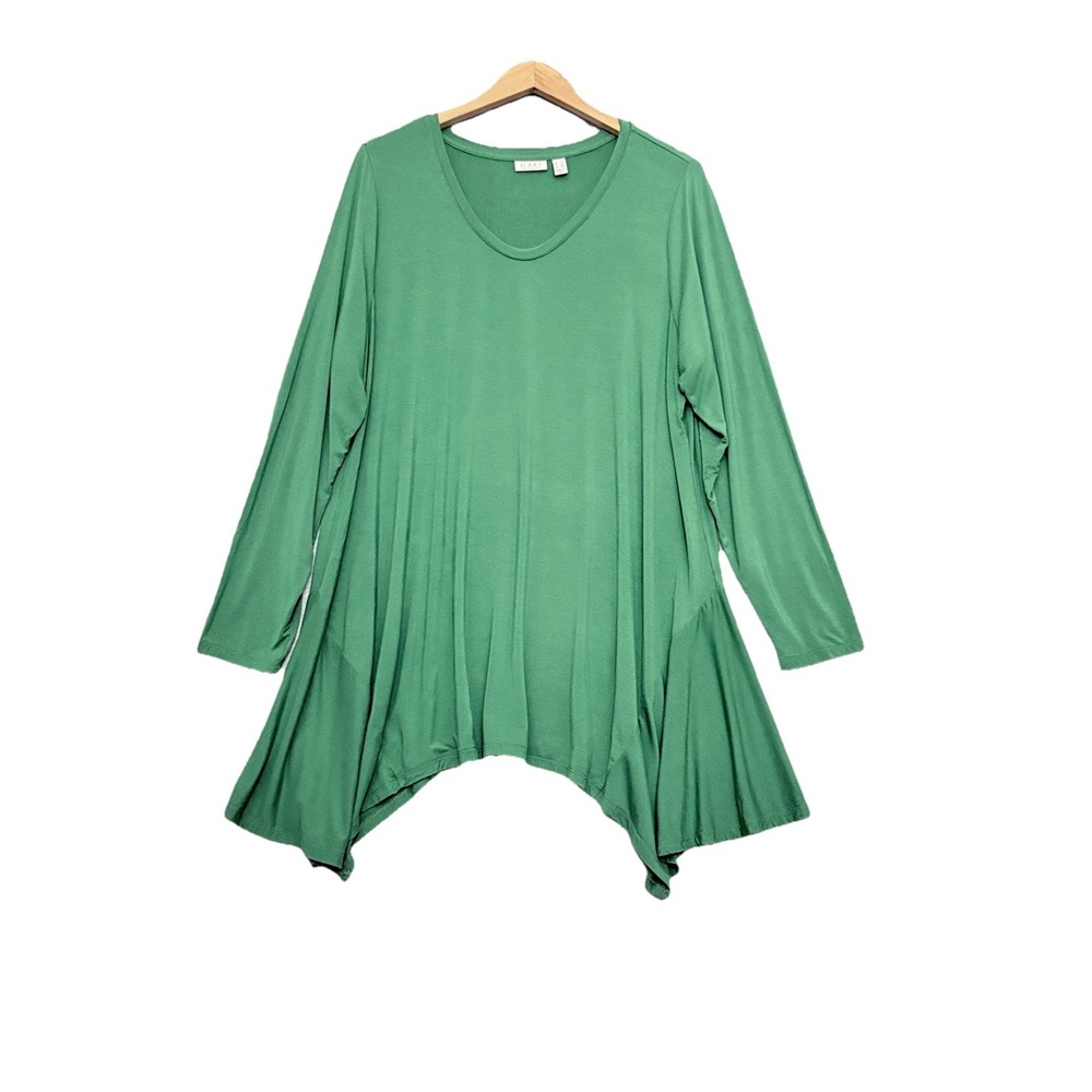 LOGO Lori Goldstein Tunic 1X Green Flowy Sharkbite Hem Top Long Sleeve‎